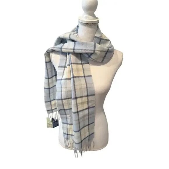 Light Blue Plaid Fringed 100% Lambswool Scarf -Johnstons of Elgin - Picture 1 of 8